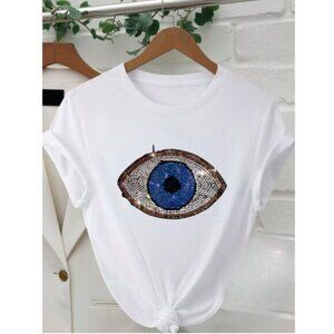 Rhinestone Eye Pattern Round Neck Short Sleeve T-Shirt White